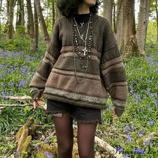 Enchantingcore Grunge Banded Pattern Sweater green / S swraters-241228