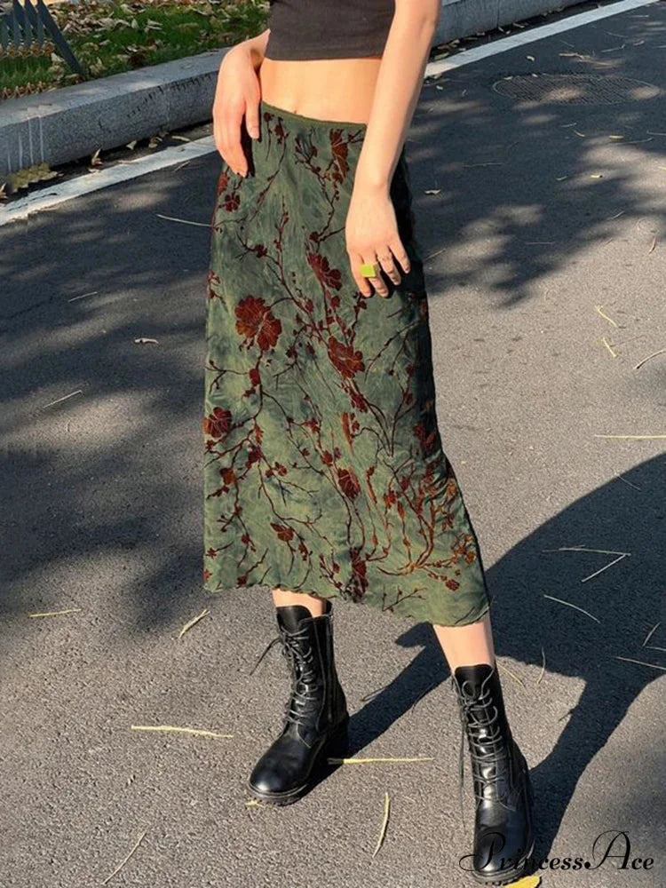 Enchantingcore Grunge Floral Printed Midi Skirt Y2K Retro Skirt Green / S skirt-250126