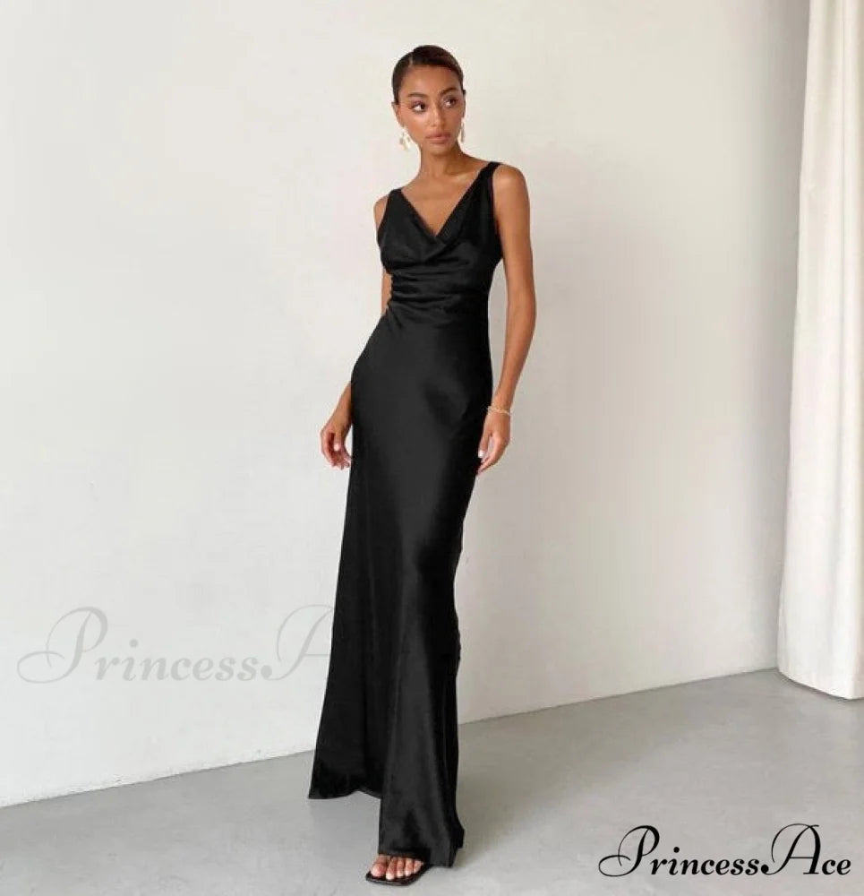 ENELA SATIN Stylish MAXI DRESS Black / L