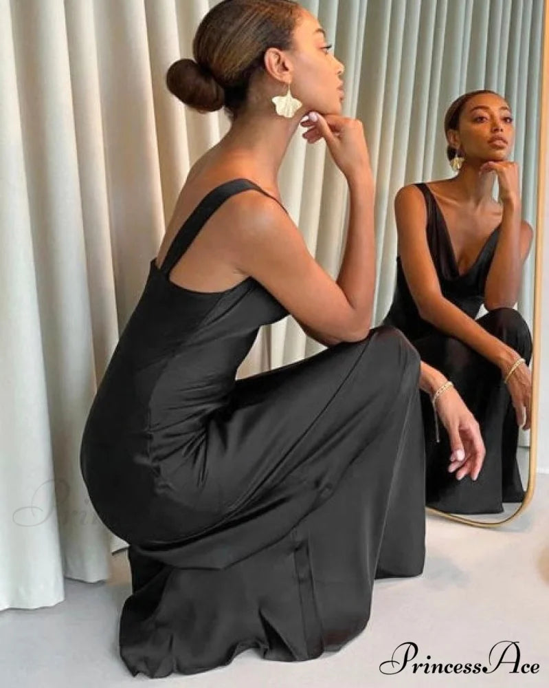 ENELA SATIN Stylish MAXI DRESS Black / M
