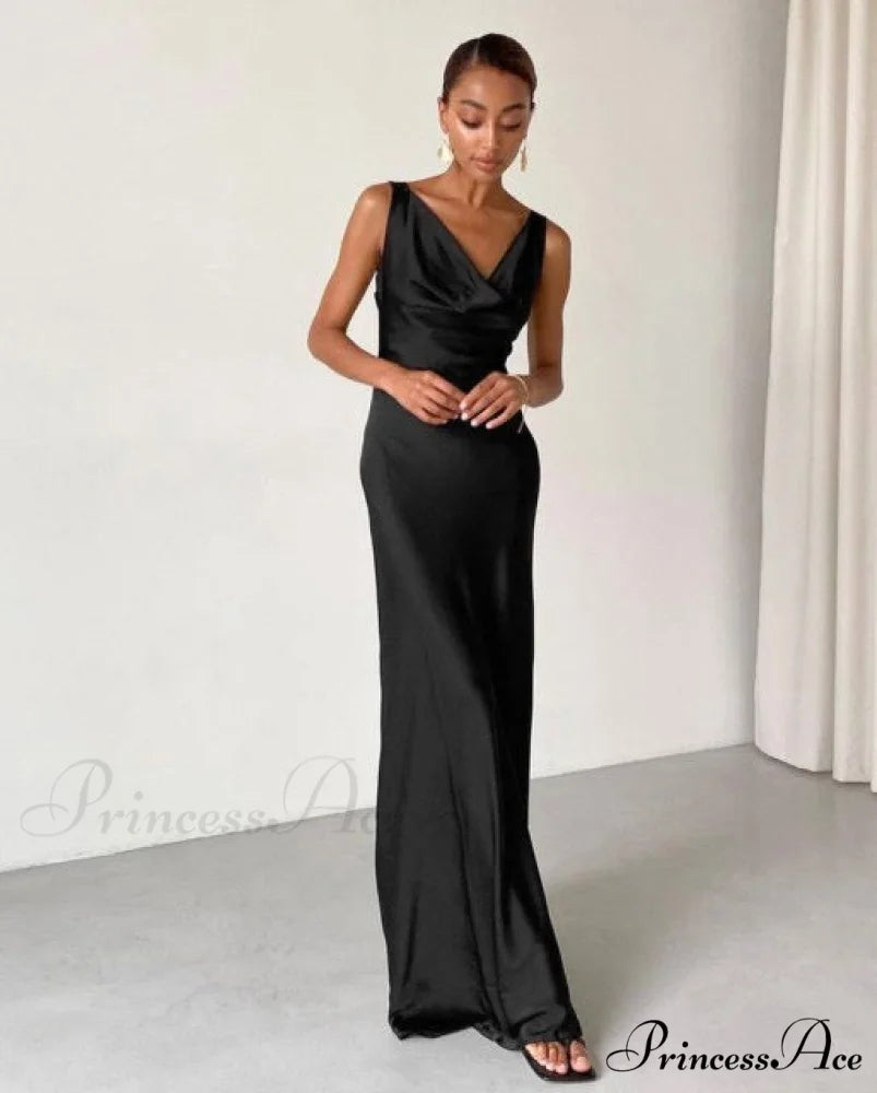ENELA SATIN Stylish MAXI DRESS Black / S