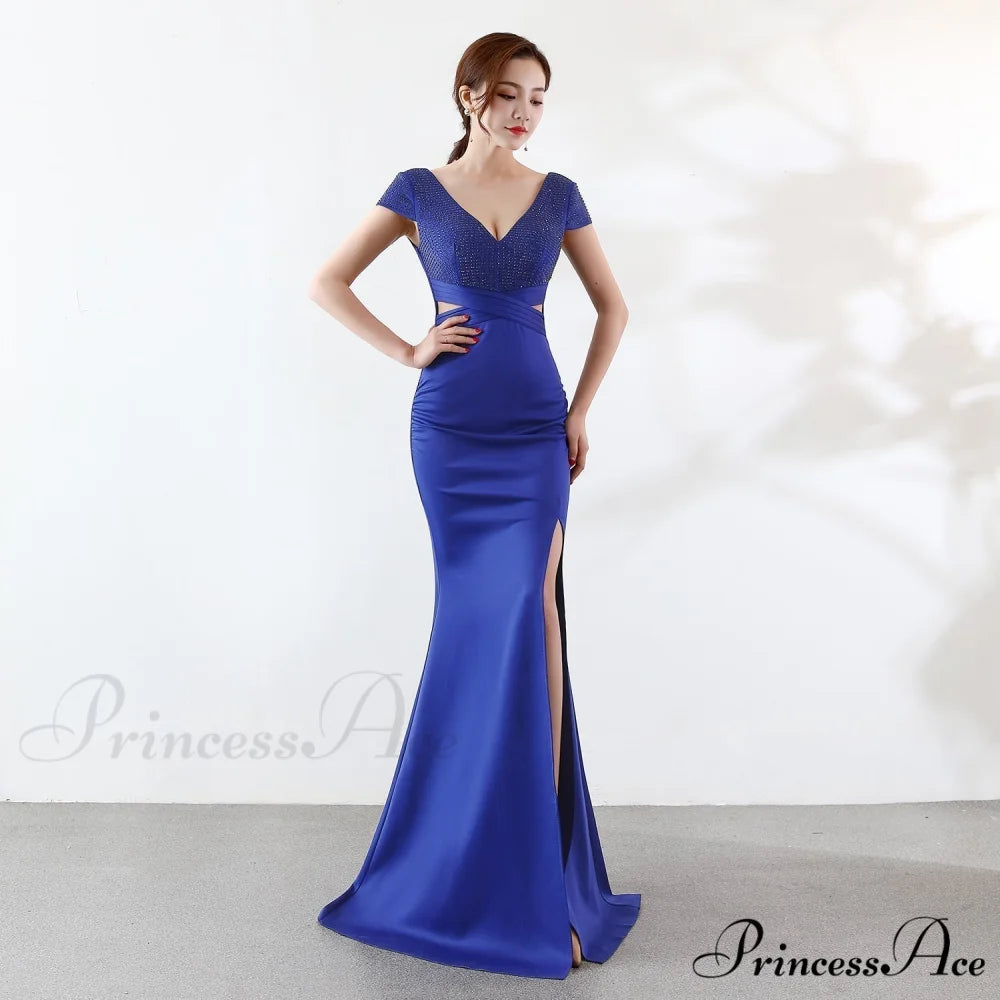 Eremi slim fit Charming long fishtail dress BLUE / XS