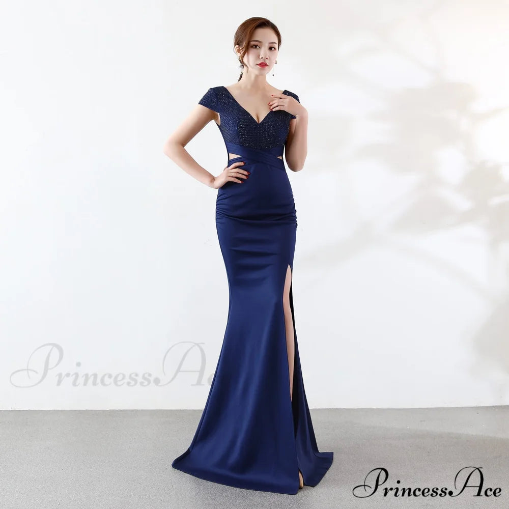 Eremi slim fit Charming long fishtail dress NAVY / XS