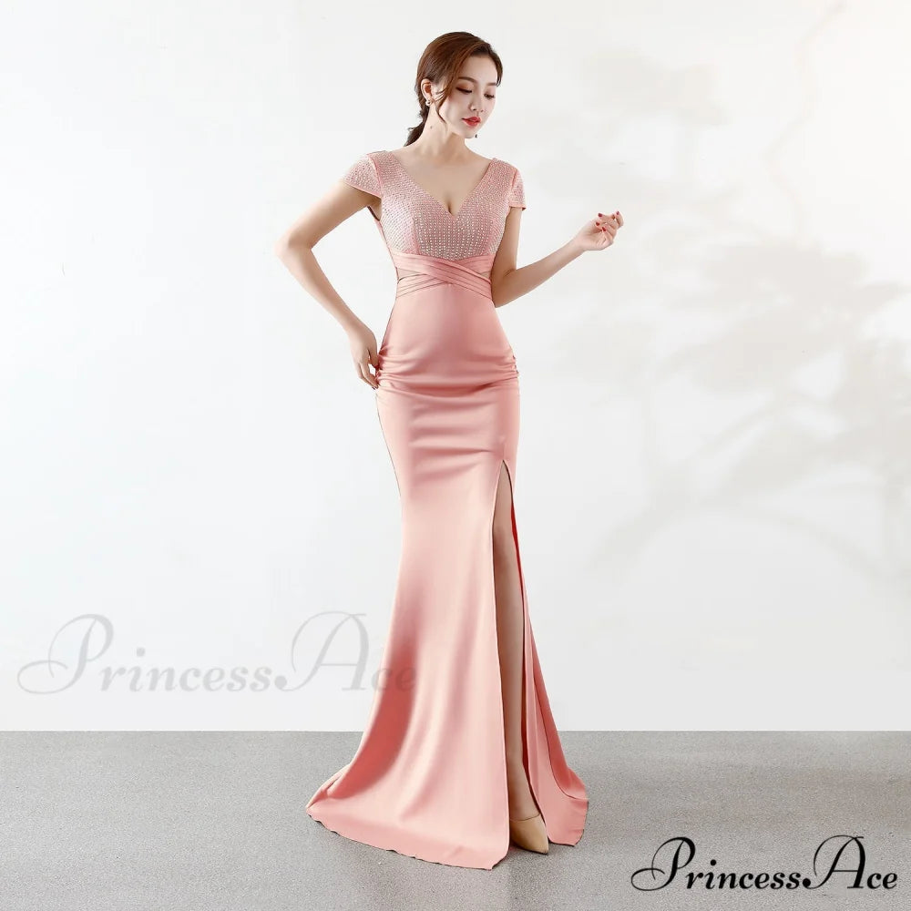Eremi slim fit Charming long fishtail dress PINK / XS
