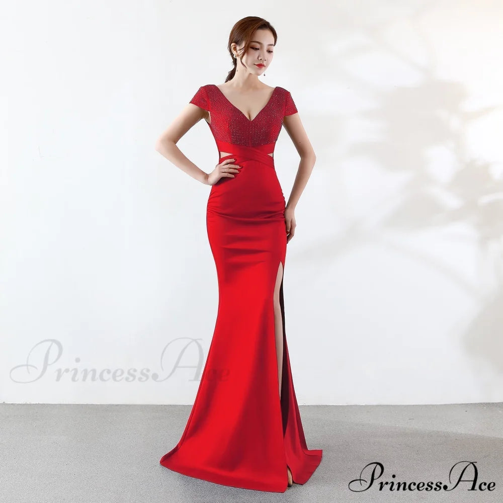 Eremi slim fit Charming long fishtail dress RED / XS