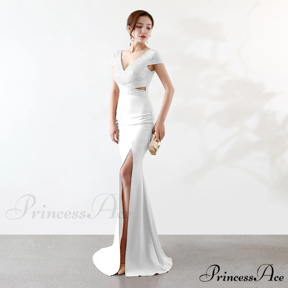 Eremi slim fit Charming long fishtail dress WHITE / XS