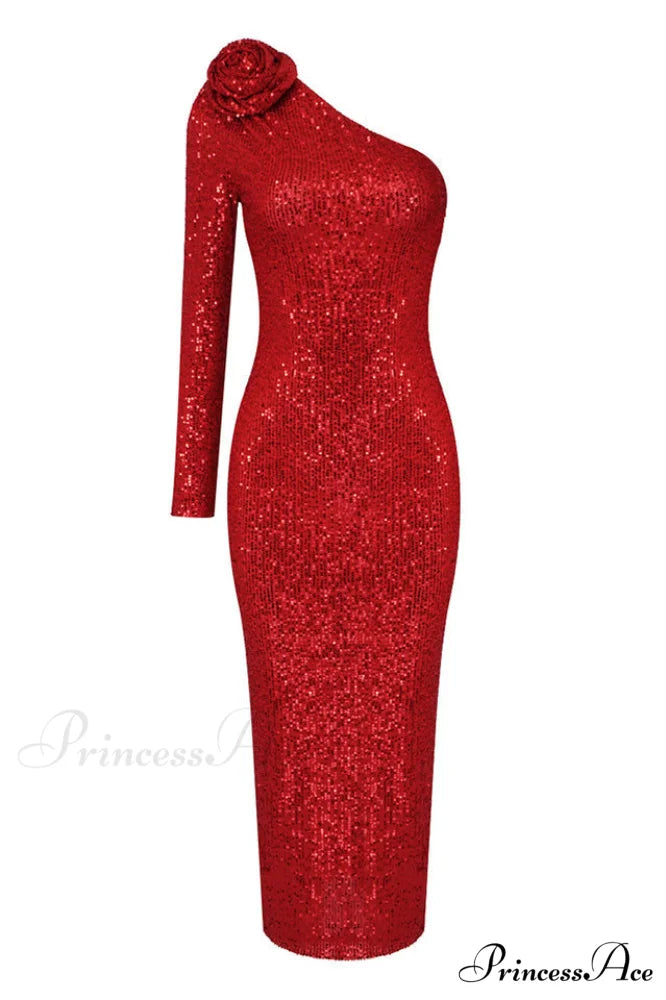 Ethel Sequins One Charming Shoulder Midi Dress XS / Burgundy