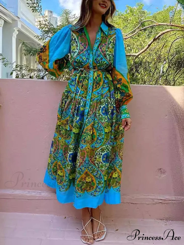 Ethnic Print Cardigan Charming Lace-Up Lapel Long-Sleeved Dress Multicolor / S