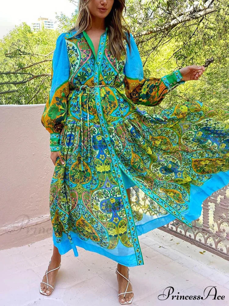 Ethnic Print Cardigan Charming Lace-Up Lapel Long-Sleeved Dress Multicolor / XL