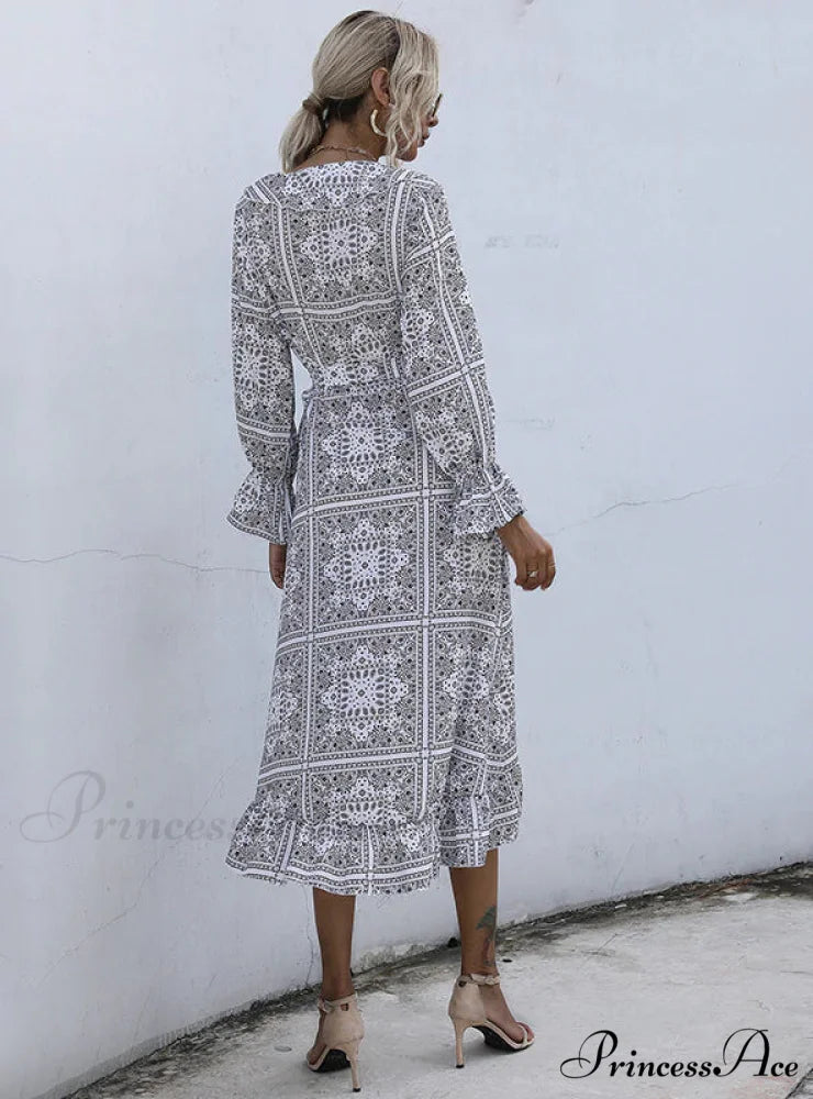 Ethnic Print Mid-Length Temperament Dress M / black