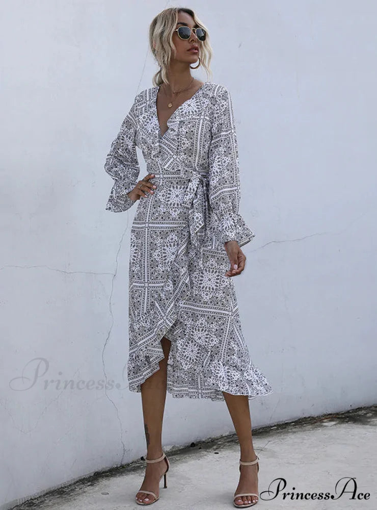 Ethnic Print Mid-Length Temperament Dress M / white
