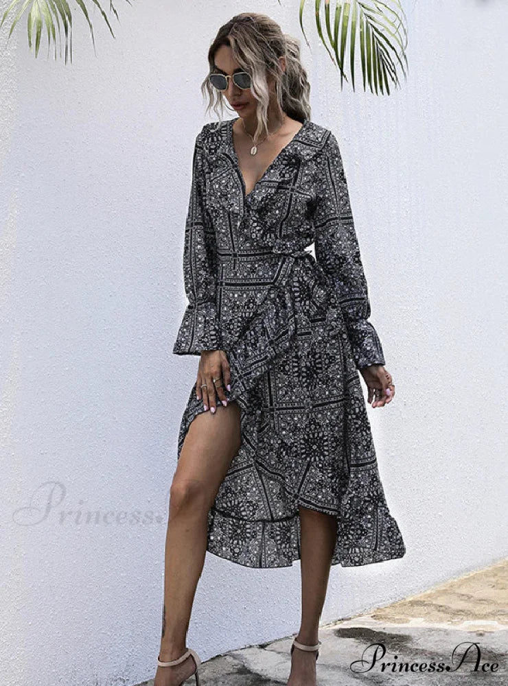 Ethnic Print Mid-Length Temperament Dress S / black