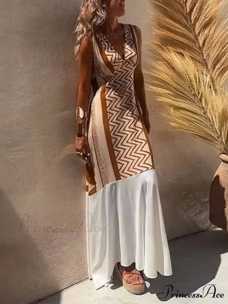 Ethnic Print Patchwork Charming A-line Maxi Dress Coffee / S