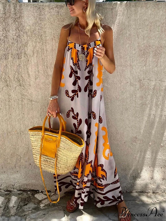 Ethnic Printed Loose Charming Cami Maxi Dress Multicolor / S