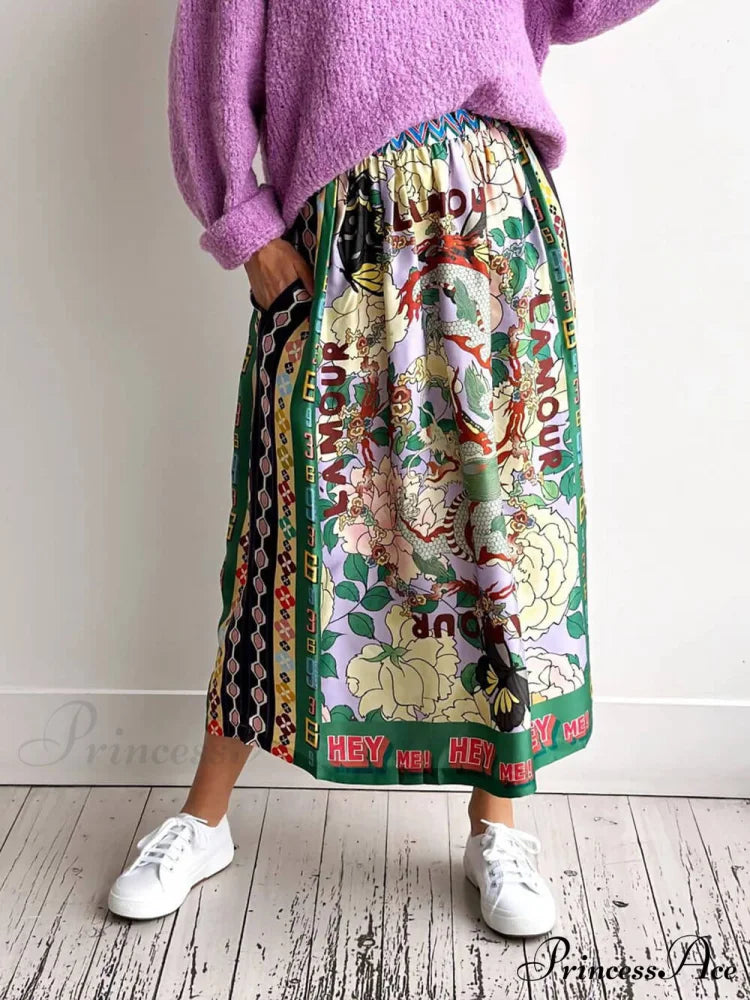 Ethnic Style Personalized Graffiti Graceful Casual Satin Print Skirt