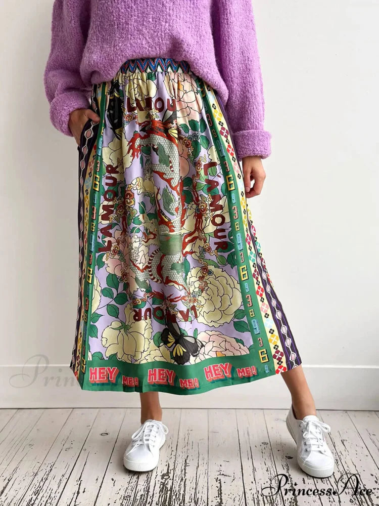 Ethnic Style Personalized Graffiti Graceful Casual Satin Print Skirt