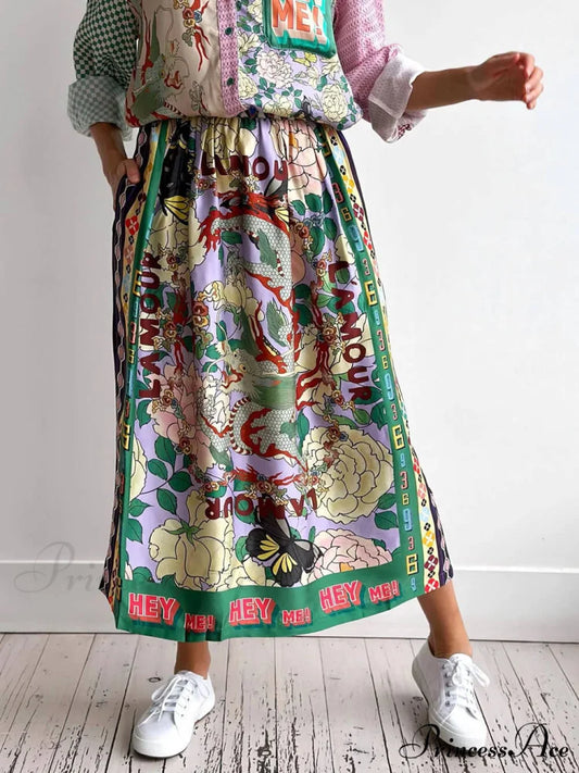Ethnic Style Personalized Graffiti Graceful Casual Satin Print Skirt Multicolor / S