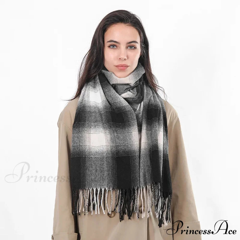 Europe Gradient Plaid Acrylic Cashmere Long Muffler Scarf black / L200cm W84cm