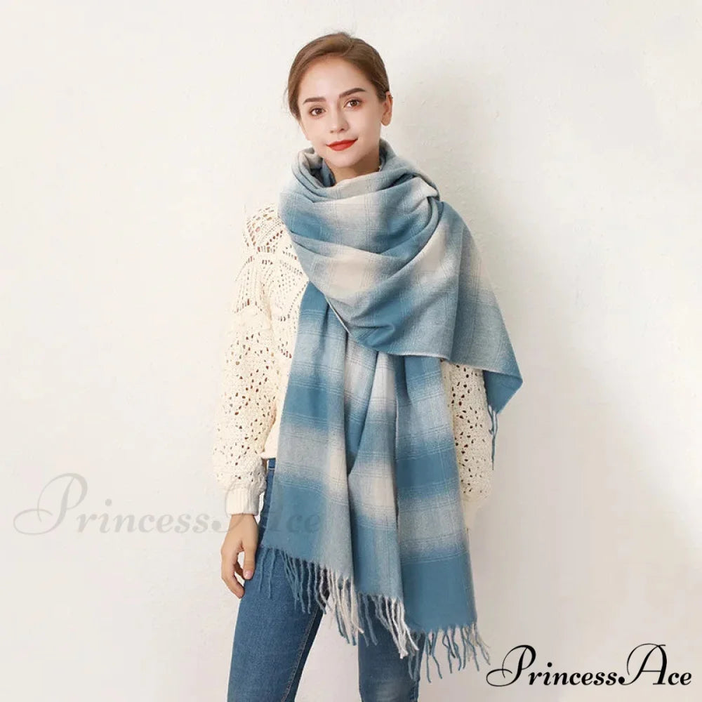 Europe Gradient Plaid Acrylic Cashmere Long Muffler Scarf blue green / L200cm W84cm