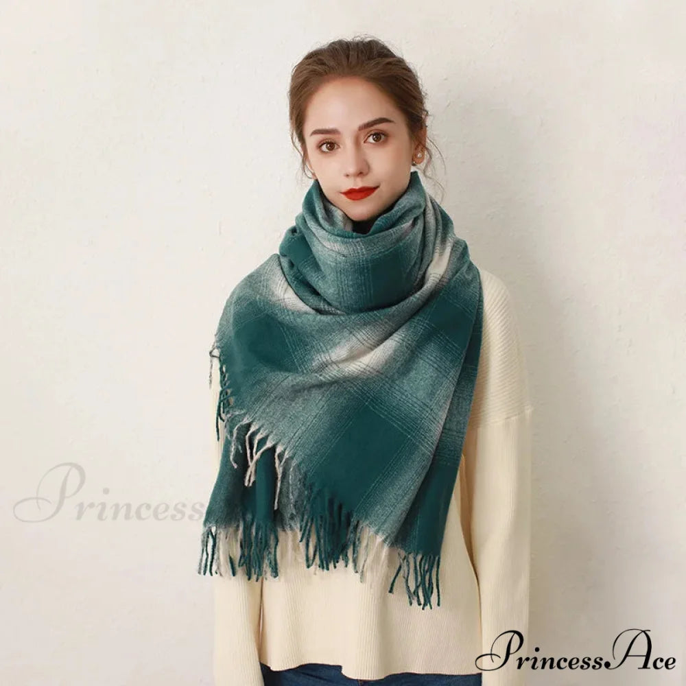 Europe Gradient Plaid Acrylic Cashmere Long Muffler Scarf dark seagreen / L200cm W84cm