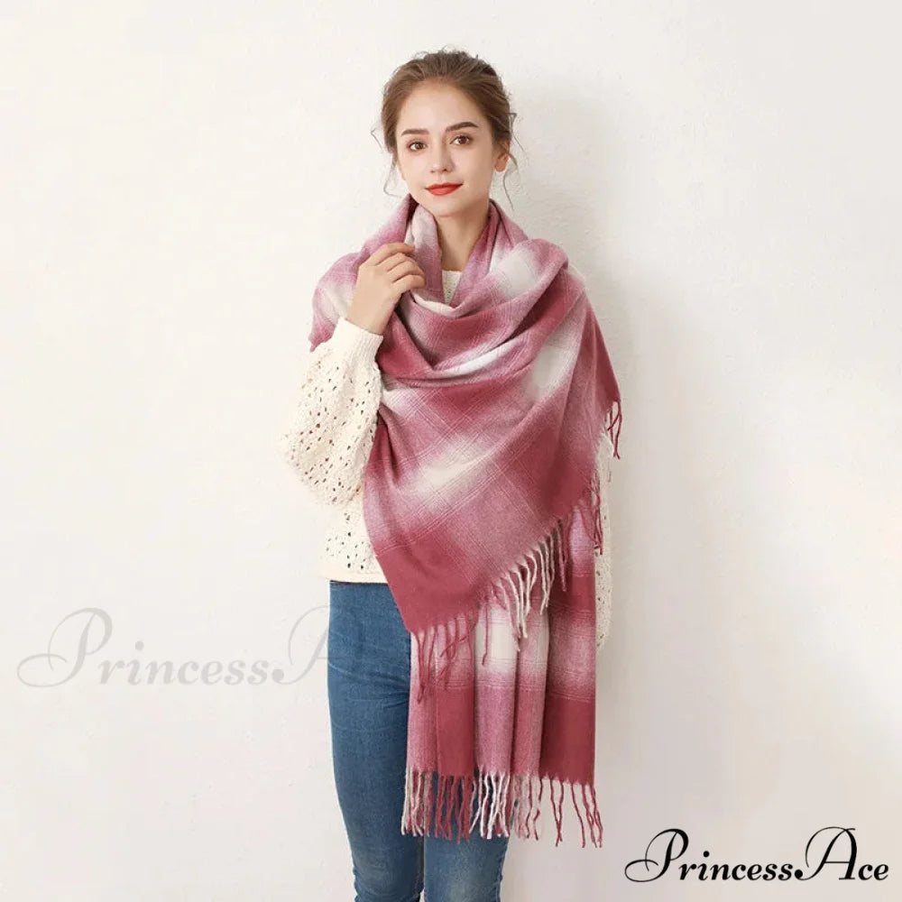 Europe Gradient Plaid Acrylic Cashmere Long Muffler Scarf wine red / L200cm W84cm