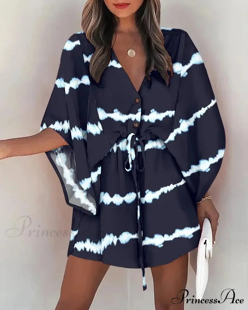 European Stylish Print V-neck Holiday Dress BLUE / S bohodress-250126