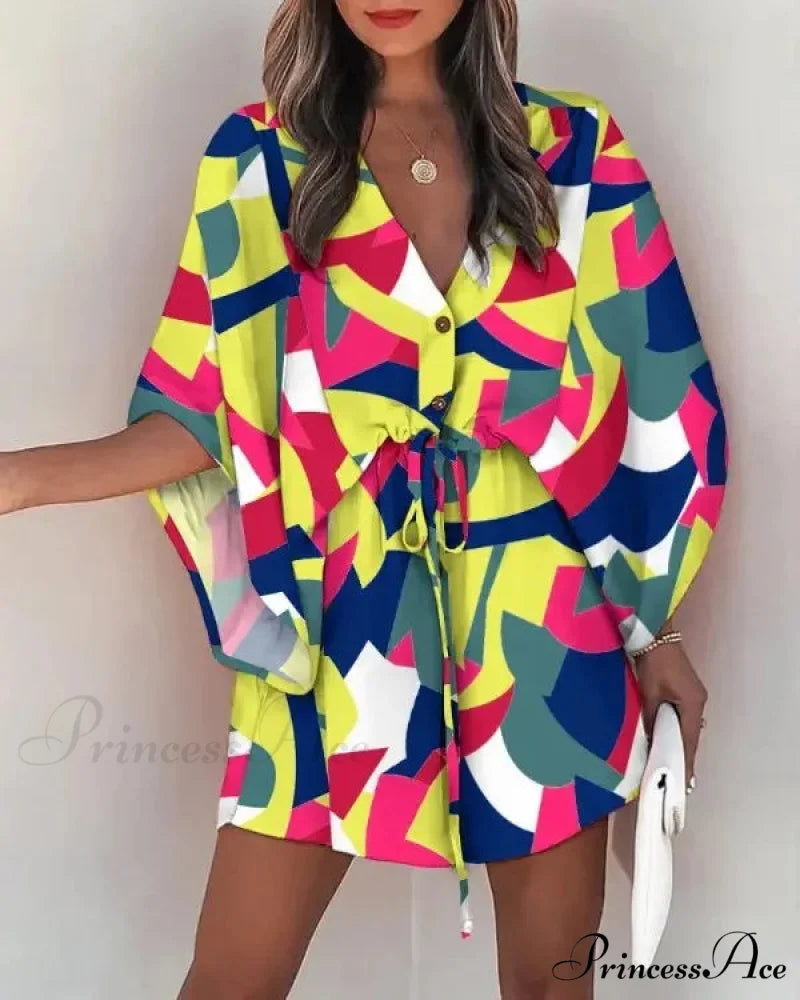 European Stylish Print V-neck Holiday Dress COLORFUL / S bohodress-250126