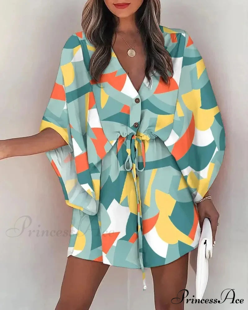 European Stylish Print V-neck Holiday Dress GREEN / S bohodress-250126