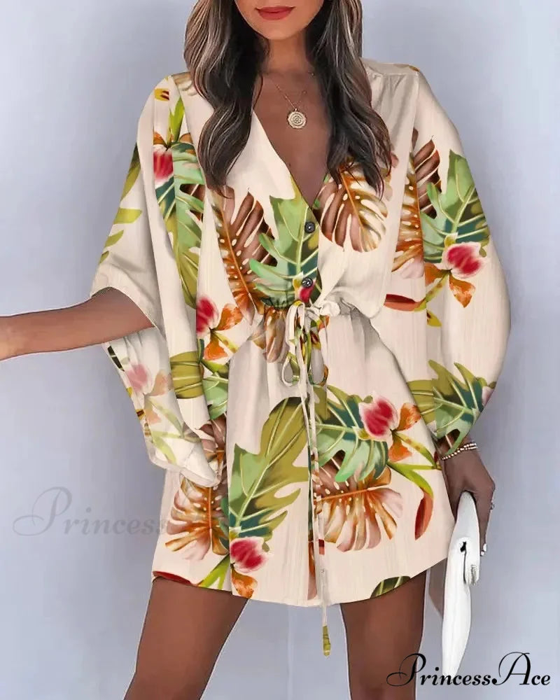 European Stylish Print V-neck Holiday Dress KHAKI / S bohodress-250126