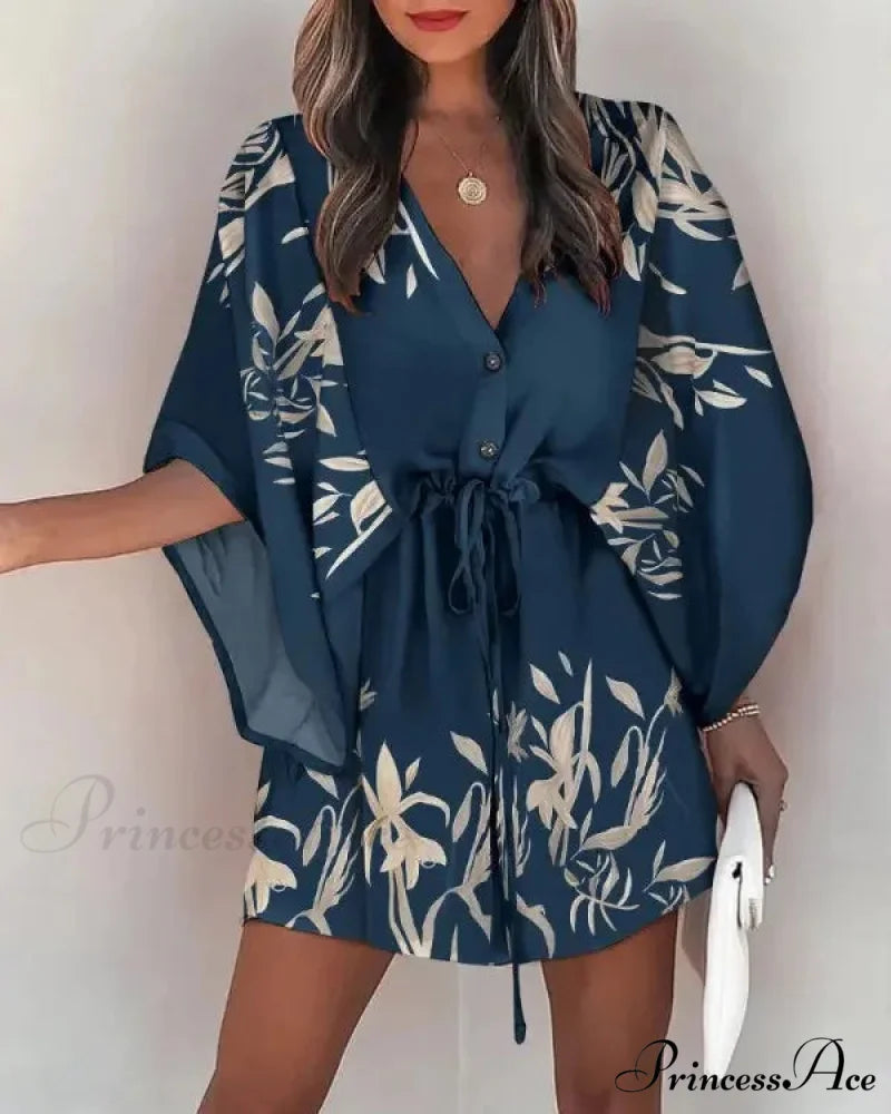 European Stylish Print V-neck Holiday Dress NAVY BLUE / S bohodress-250126