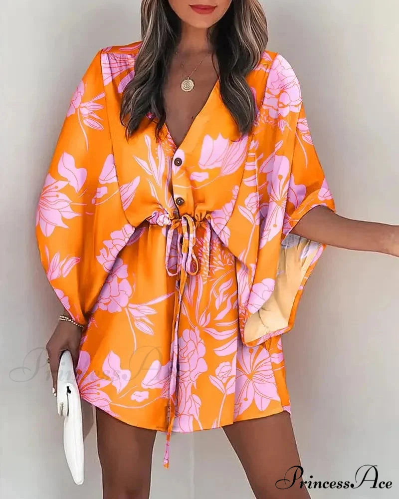 European Stylish Print V-neck Holiday Dress ORANGE1 / S bohodress-250126