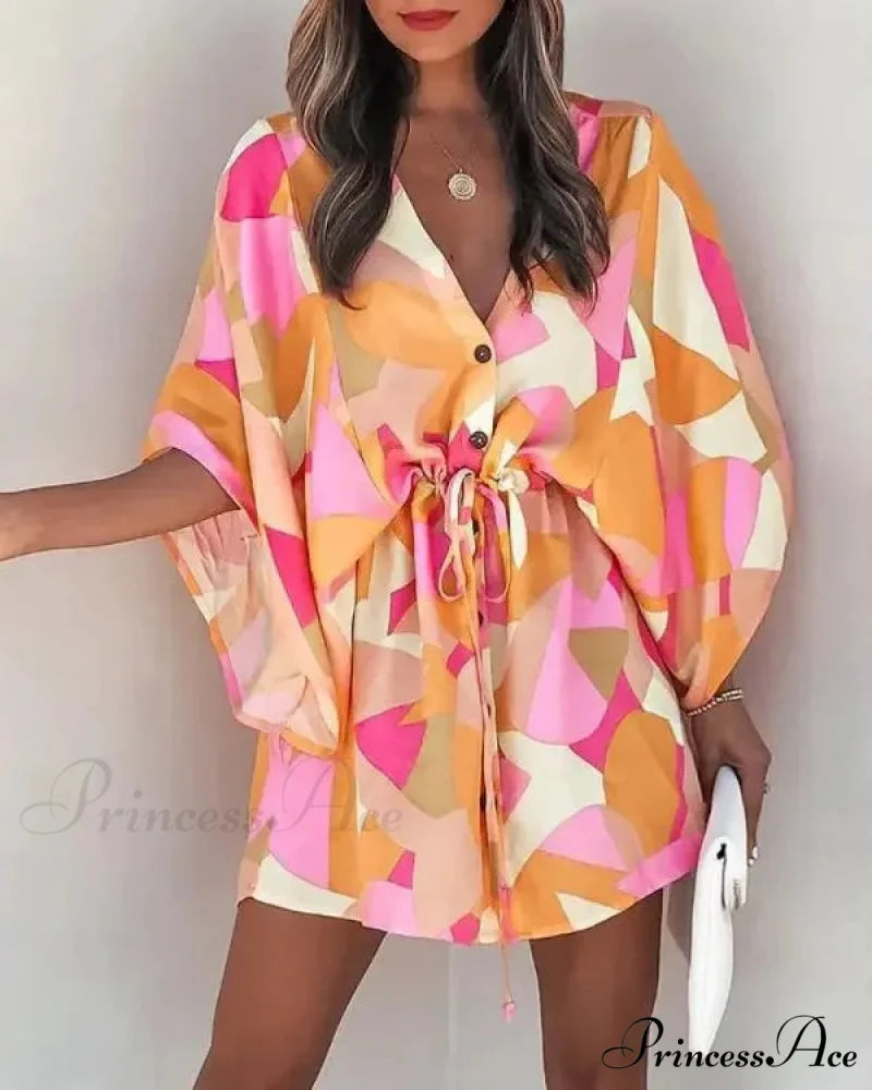 European Stylish Print V-neck Holiday Dress ORANGE2 / S bohodress-250126