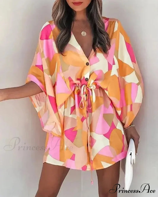 European Stylish Print V-neck Holiday Dress ORANGE2 / S bohodress-250126