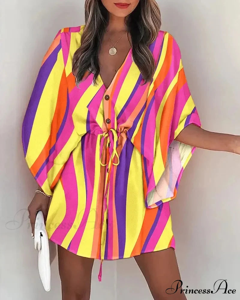 European Stylish Print V-neck Holiday Dress RED1 / S bohodress-250126