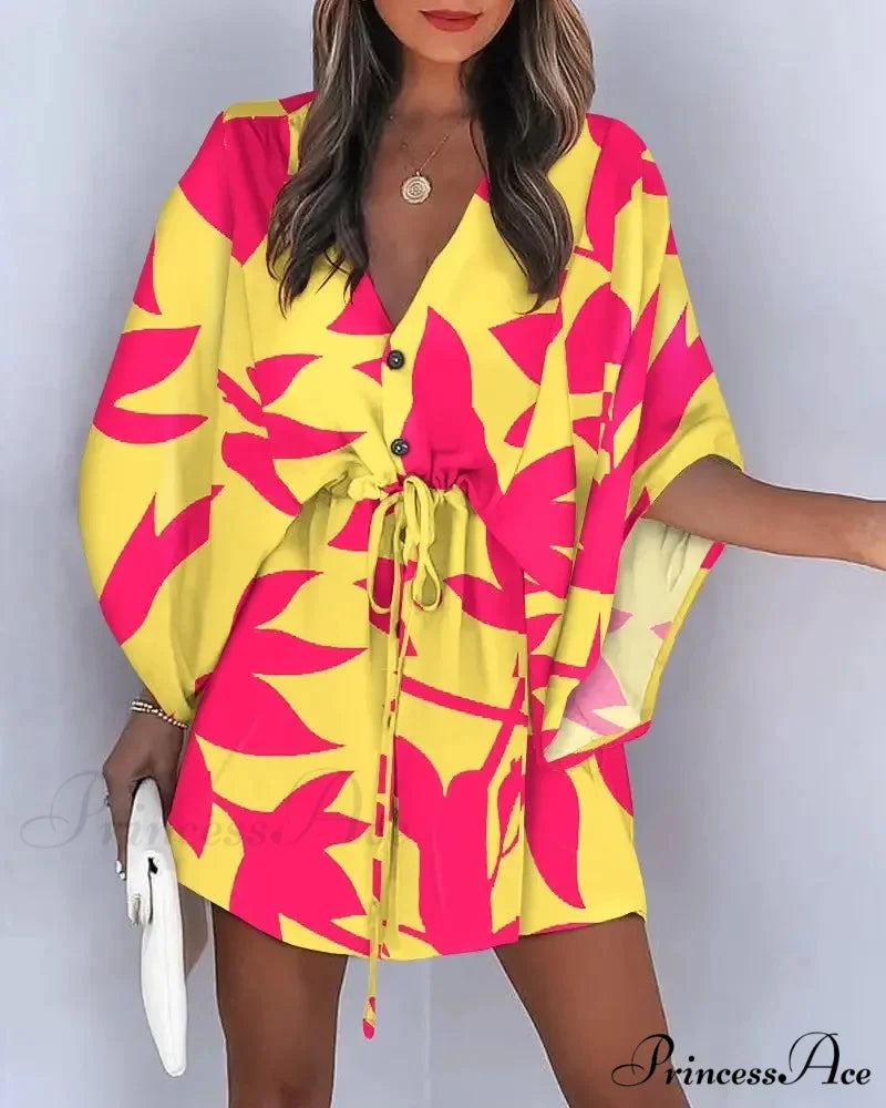 European Stylish Print V-neck Holiday Dress RED2 / S bohodress-250126