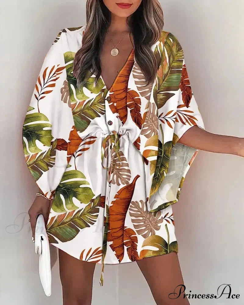 European Stylish Print V-neck Holiday Dress WHITE1 / S bohodress-250126