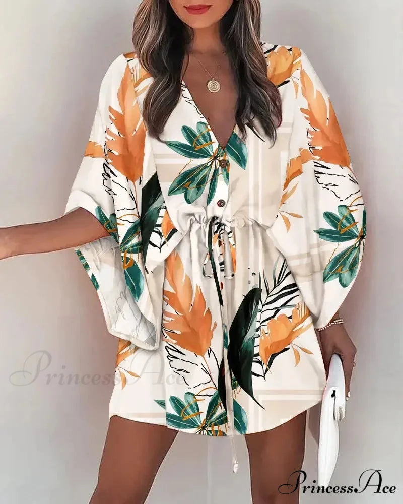 European Stylish Print V-neck Holiday Dress WHITE2 / S bohodress-250126