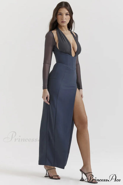 Evangelina Dark Gray Charming Blue Maxi Dress