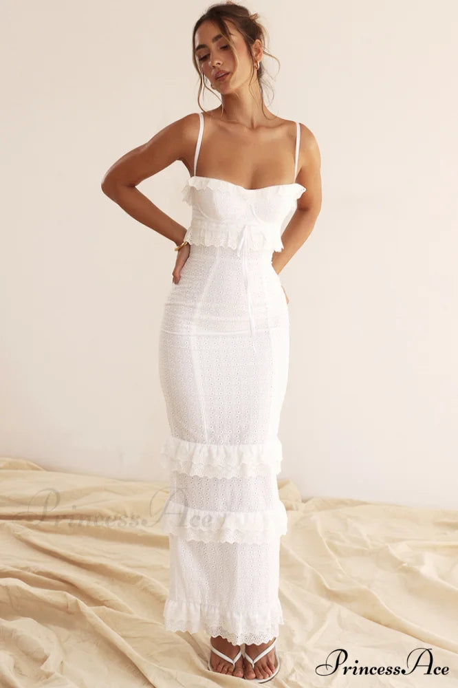Eve White Stylish Broderie Maxi Dress