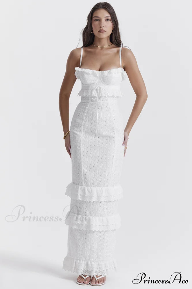 Eve White Stylish Broderie Maxi Dress