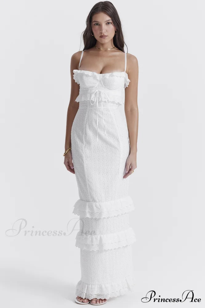 Eve White Stylish Broderie Maxi Dress XS / White