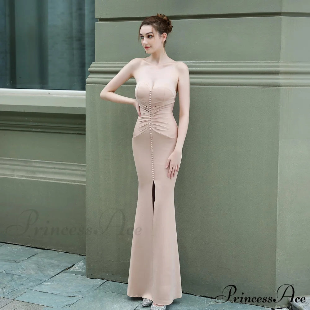 Evelyn strapless Stylish slit wrap dress APRICOT / XS