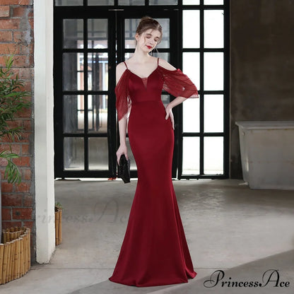 Evelyn V-Neck Off The Graceful Shoulder Mermaid Prom Dress BURGUNDY / XS