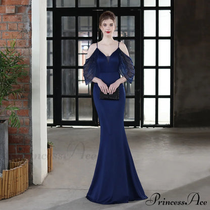 Evelyn V-Neck Off The Graceful Shoulder Mermaid Prom Dress NAVY / XS