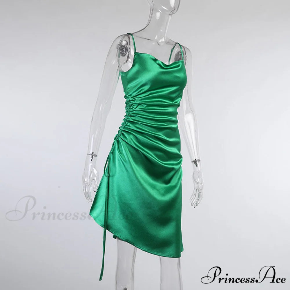 Evening Boxy Ruched Side Party Satin Solid Dresses Clubwear Gown Split Sleeveless Elegant Neckline Vestidos