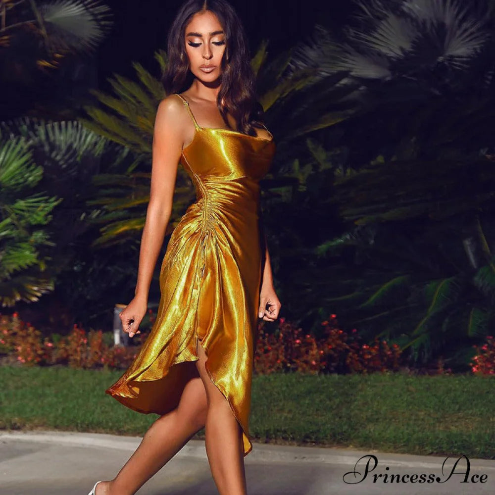 Evening Boxy Ruched Side Party Satin Solid Dresses Clubwear Gown Split Sleeveless Elegant Neckline Vestidos
