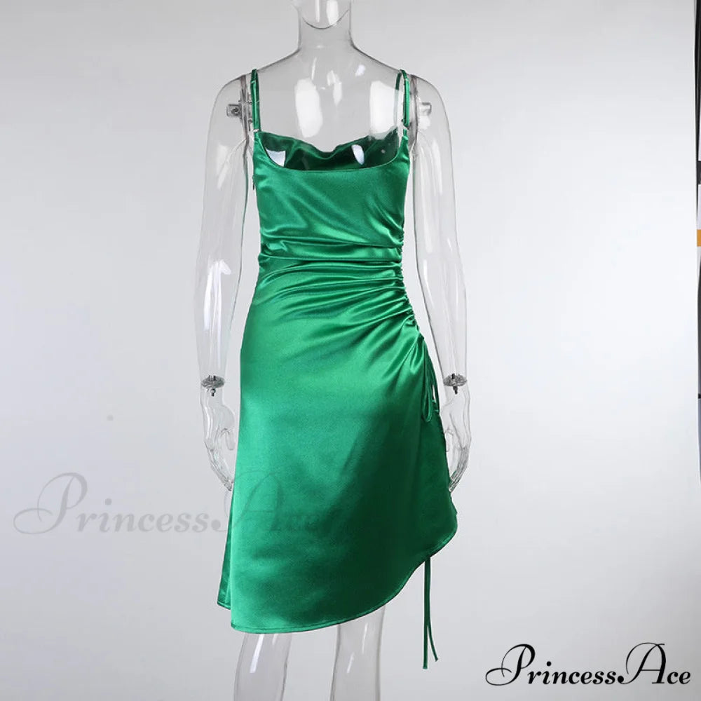 Evening Boxy Ruched Side Party Satin Solid Dresses Clubwear Gown Split Sleeveless Elegant Neckline Vestidos