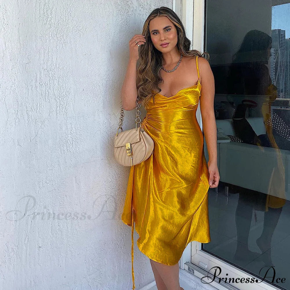 Evening Boxy Ruched Side Party Satin Solid Dresses Clubwear Gown Split Sleeveless Elegant Neckline Vestidos