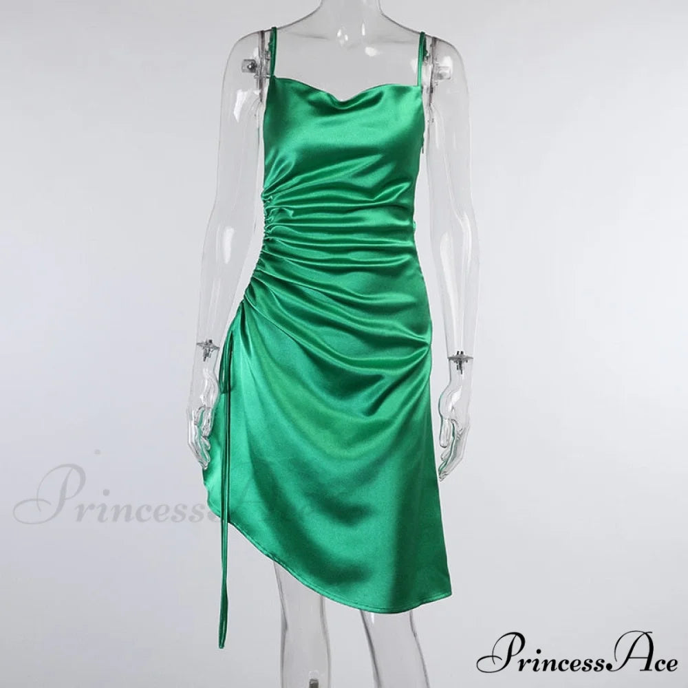 Evening Boxy Ruched Side Party Satin Solid Dresses Clubwear Gown Split Sleeveless Elegant Neckline Vestidos Green / S