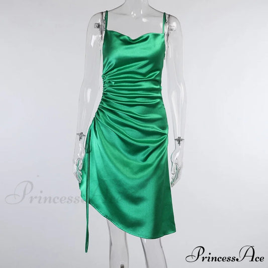 Evening Boxy Ruched Side Party Satin Solid Dresses Clubwear Gown Split Sleeveless Elegant Neckline Vestidos Green / S